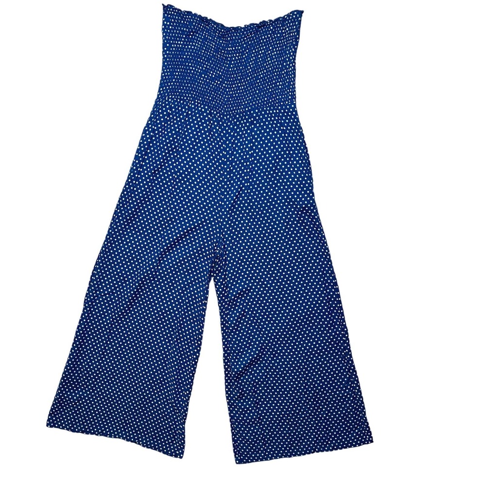 Angie Small Wide Leg Romper Pant Jumpsuit Smocked Strapless Polka Dot Blue White